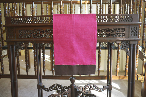 Multicolored Hemstitch Guest Towels. Pink Peacock & Fondue Fudge